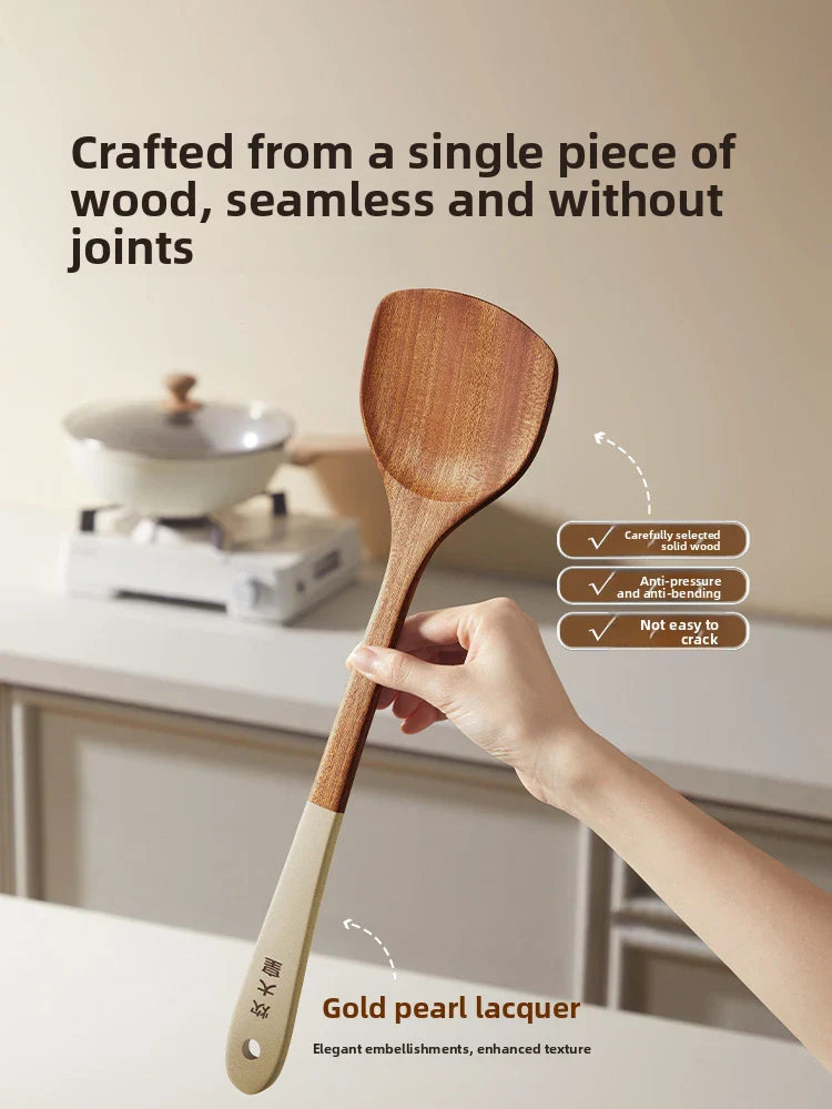 COOKER KING Ebony Wood Cooking Utensils Heat Resistant Non-Stick Pan Safe Spatula Stir Fry Rice Soup Spoon