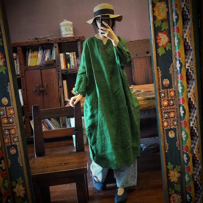 2024 Spring Autumn New Arts Style Women Long Sleeve V-neck  A-line Dresses Vintage Embroidery Cotton Linen Loose Long Dresses