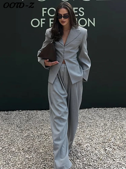 Casual V-neck Blazer Pants Set Women Single Breasted Pocket Jacket Wide Leg Trousers Lady Suit 2026 Elegant 2 Pieces Sets Female