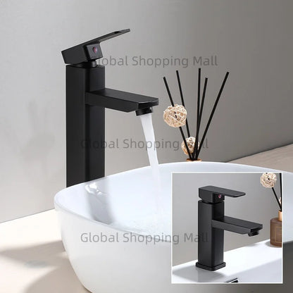 Bathroom Faucet Single Hole Single Handel Hot and Cold Water Mixer Tap Deck Mounted in Black and Chrome Square Basin TapBathroom