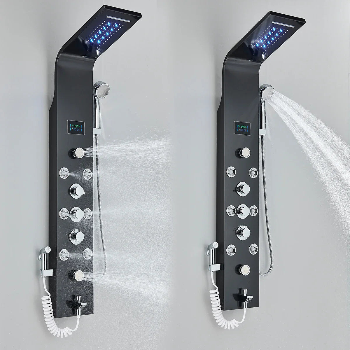 Black Nickel LED Shower Panel Six Functions Shower Column Rain Waterfall Shower Massage Spa Jets Tub Shower With Bidet Bath Taps