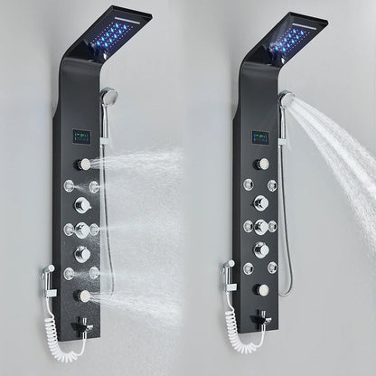 Black Nickel LED Shower Panel Six Functions Shower Column Rain Waterfall Shower Massage Spa Jets Tub Shower With Bidet Bath Taps