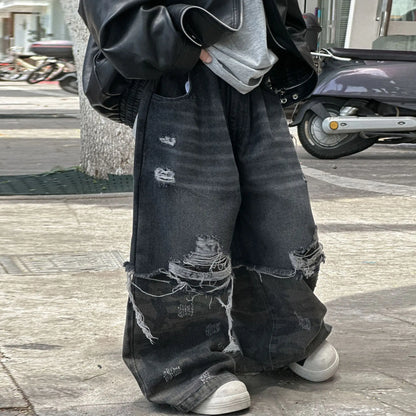 2025 New Boys' Cool Ripped Jeans Wide-leg Trousers American Retro Children's Trousers