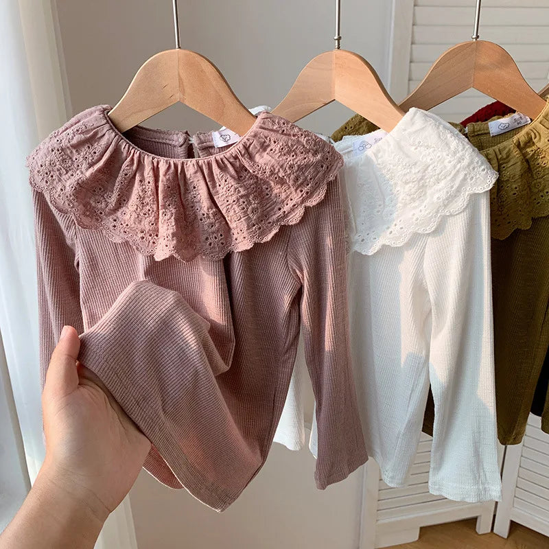 1-7 Years Long Sleeved Shirts Children Spring Knitted Tops Baby Lace 2025 Lace Base Shirt Korean Girls Ruffle Collar T-shirt