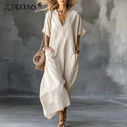 Bohemian Retro Solid Kaftan Dress Women V-Neck Lace Trim Loose Maxi Party Dress Summer Short Sleeve Casual Beach Holiday Dresses