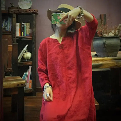 2024 Spring Autumn New Arts Style Women Long Sleeve V-neck  A-line Dresses Vintage Embroidery Cotton Linen Loose Long Dresses