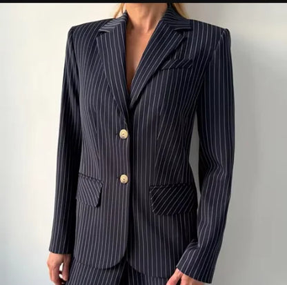 Backless Tie Waist Pinstripe Blazer Set Women 2 Pieces Lapel Button Down Blazer With High Waist Wide Leg Pants Office Suit