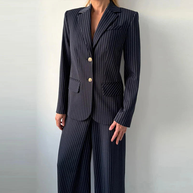 Backless Tie Waist Pinstripe Blazer Set Women 2 Pieces Lapel Button Down Blazer With High Waist Wide Leg Pants Office Suit