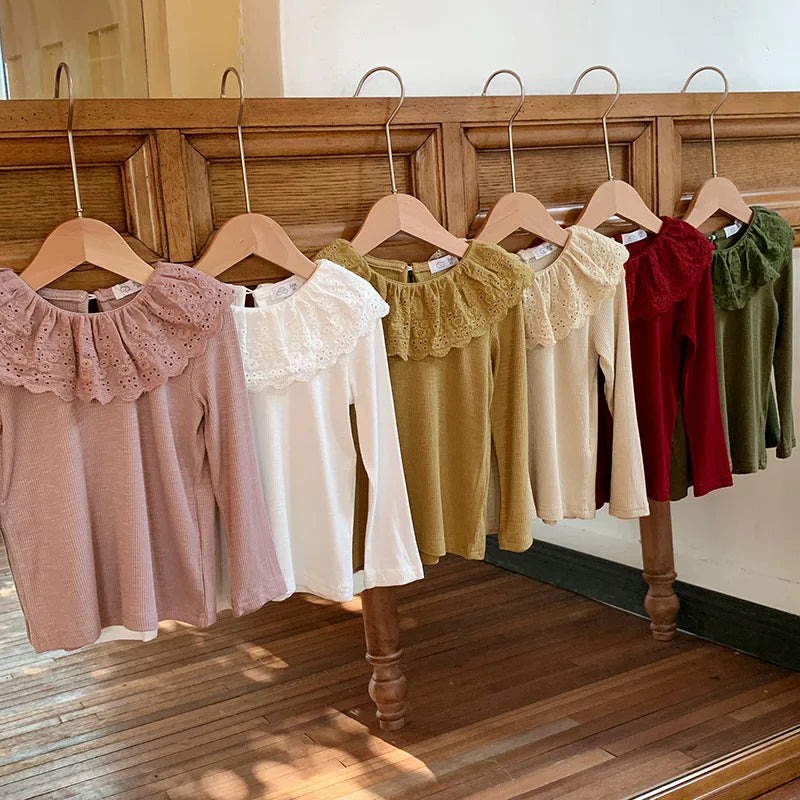 1-7 Years Long Sleeved Shirts Children Spring Knitted Tops Baby Lace 2025 Lace Base Shirt Korean Girls Ruffle Collar T-shirt