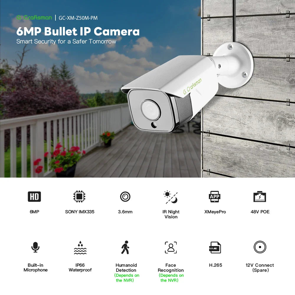 C,GC XMeye IP Camera,Z ,6MP,POE, 20fps,2.8mm/3.6mm/6mm,Face Human,Audio, IR Night, Onvif Video CCTV Surveillance Security,Home