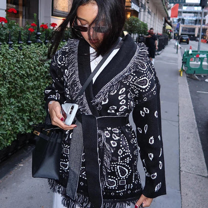 2026 Spring Tassel Knitted Jacquard Women's Cardigans Loose Patchwork V-neck Long Sleeve Thick Warm Sweater Lady New Knitwear