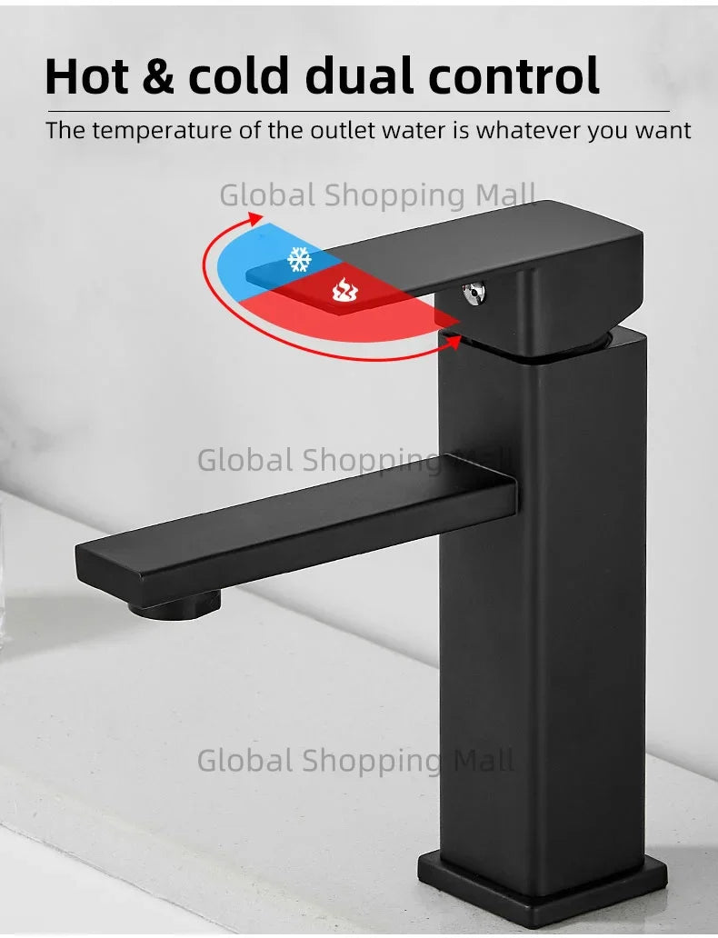 Bathroom Faucet Single Hole Single Handel Hot and Cold Water Mixer Tap Deck Mounted in Black and Chrome Square Basin TapBathroom