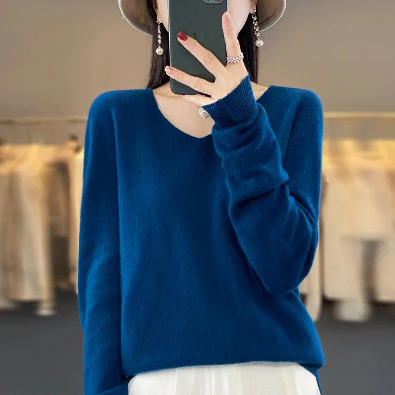 Basics 2024 Autumn Winter Women Sweater 100% Merino Wool V-Neck Knitwear Solid Office Lady Pullover Long Sleeve Cashmere Clothes
