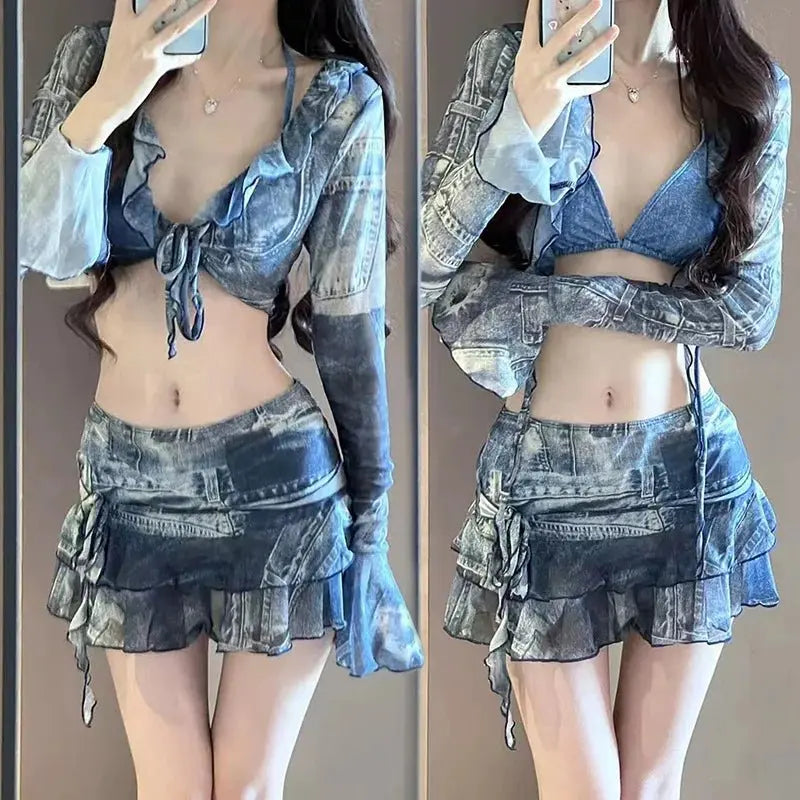 Bikini Swimsuit Fashion Retro Denim Blue Bikini Four Piece Women's Sexy Lingerie Spa Beach Vacation Slim Sexy Hottie Swimwear
